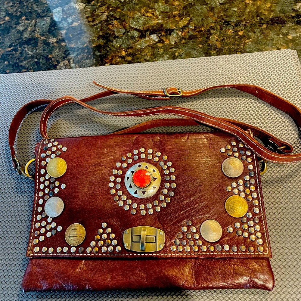 Leather crossbody bejeweled with BoHo gems and studs. Never worn.